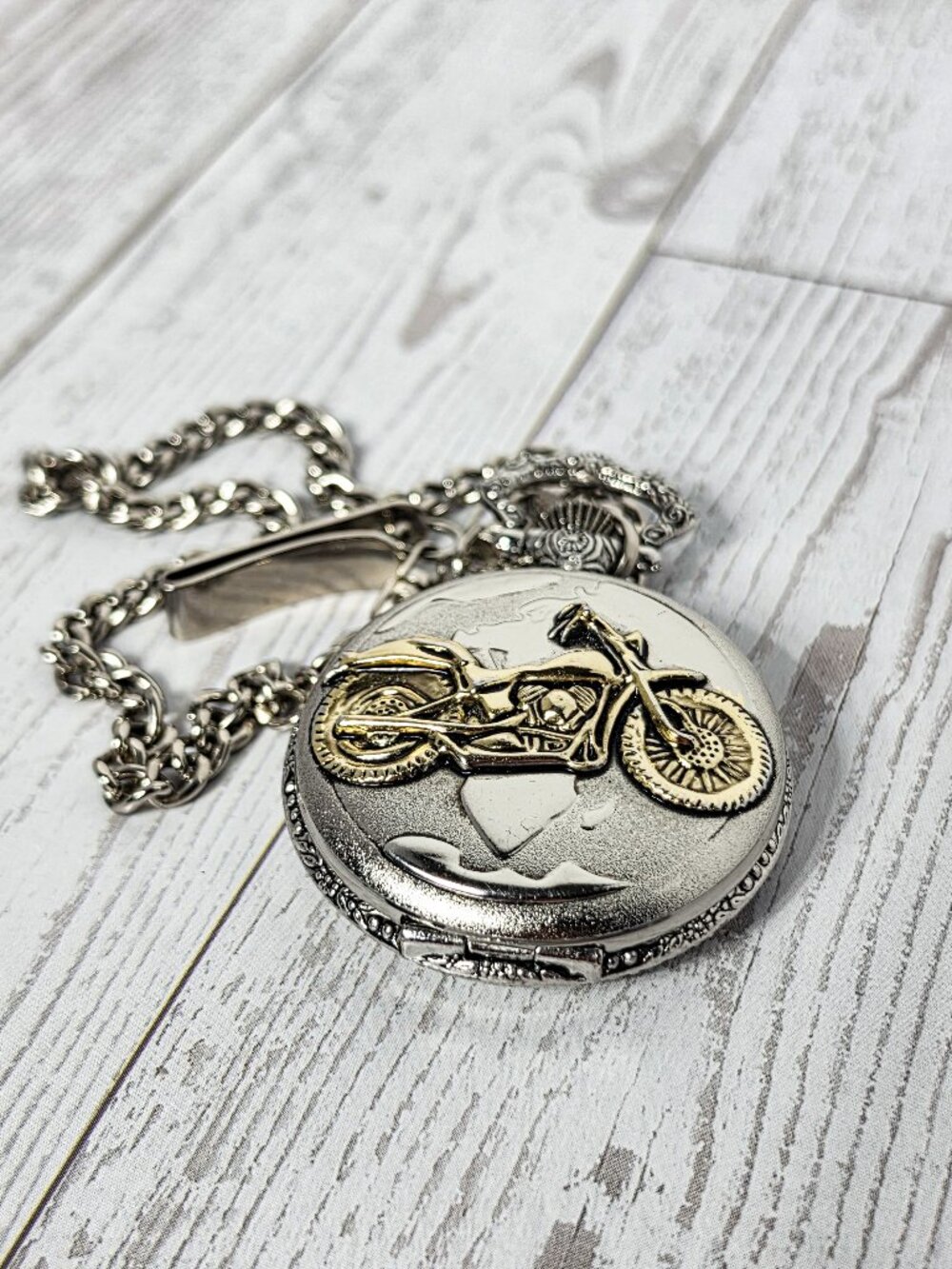 Vintage style Silver Tone Motorcycle Pocket watch Quartz Biker Chain Fob